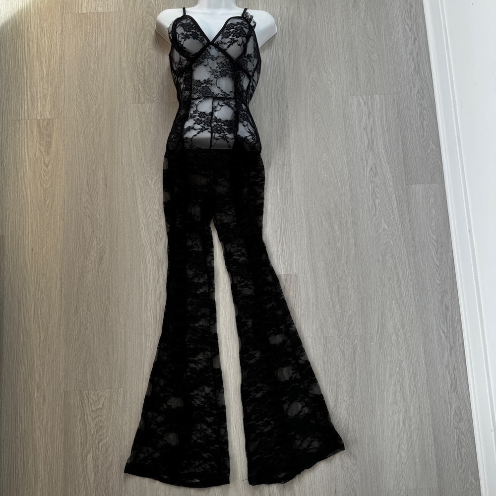 Sheer Lace FashionNova Black Bodysuit Jumpsuit with ruffles